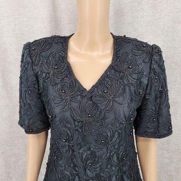 Laurence Kazar Vintage Mesh Lace Black Beaded Blouse 80s Scalloped Hem - Picture 3 of 9